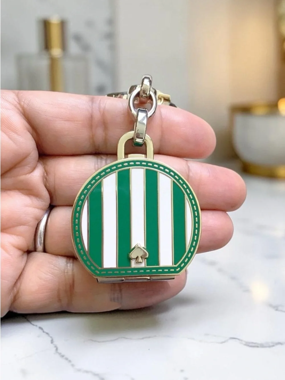 Kate Spade Traveler Even Green and White Stripe Metal Trunk Key Fob Bag Charm